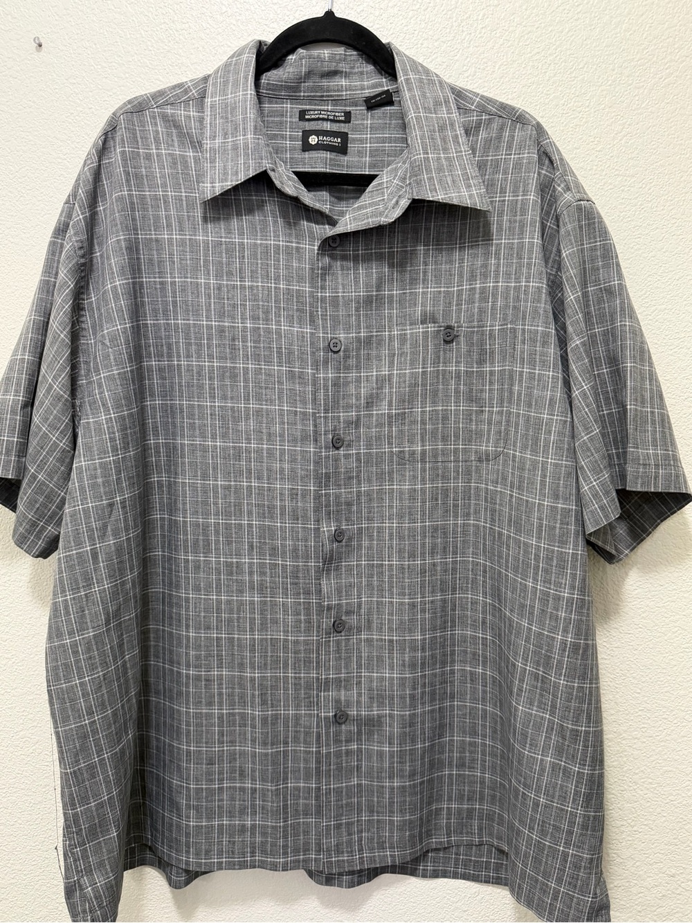 Haggar gray and white check button down, luxury microfiber polyester, 2X